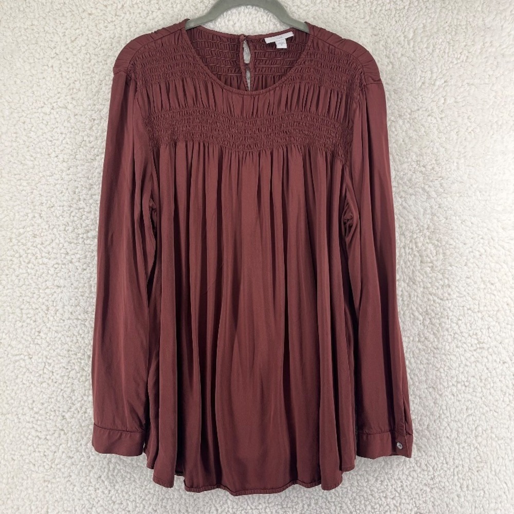 J. Jill Womens M Smocked Yoke Peasant Blouse Long Sleeve Rust Brown Boho Top